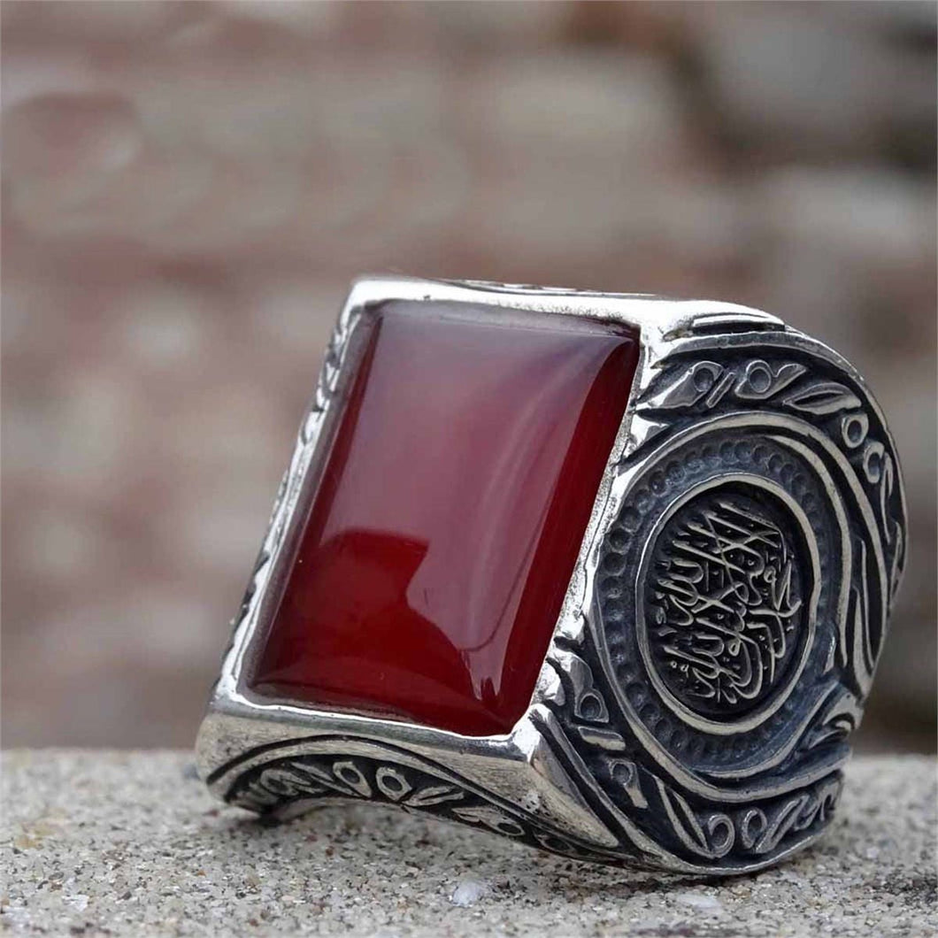 Hand Faceted Agate Ring - Sterling Silver Mens Ring - Mens Agate Stone Ring - Middle Eastern Style Ring