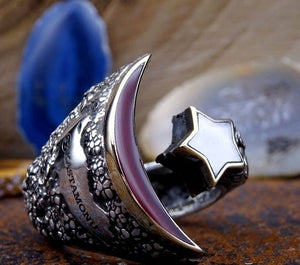 Anillo de media luna, anillo de media luna, anillo de bandera turca, anillo de plata de ley 925 para hombre, colección Sultans, anillo de escritura, anillos de banderas