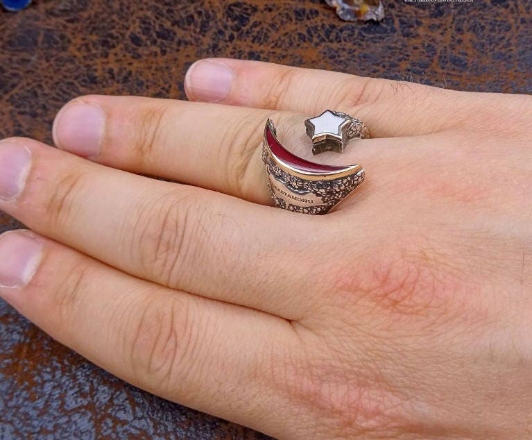 Halve maan ring, halve maan ring, Turkse vlag ring, 925 sterling zilveren heren ring, sultans collectie, beschrijfbare ring, vlaggen ringen