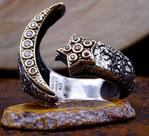 Prsten sa zvijezdom polumjeseca s kamenjem, Prsten s polumjesecom, Prsten sa turskom zastavom, muški prsten od srebra 925, Kolekcija sultana, Prsten s upisom,