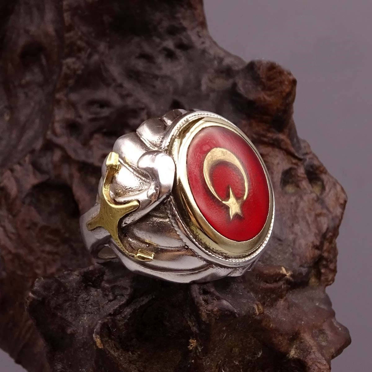 Crescent and Star Ring, Islamic Ring, Turkish Pakistan Flag Ring, 925