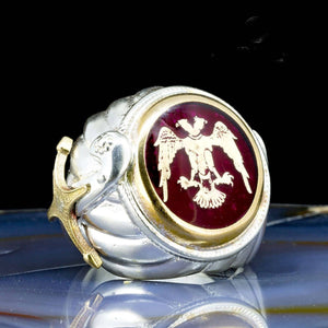 Double Headed Eagle zilveren ring, Seltsjoeken wapenschildring, 925 zilveren mannen zilveren ring, zegelring, Sultans-collectie