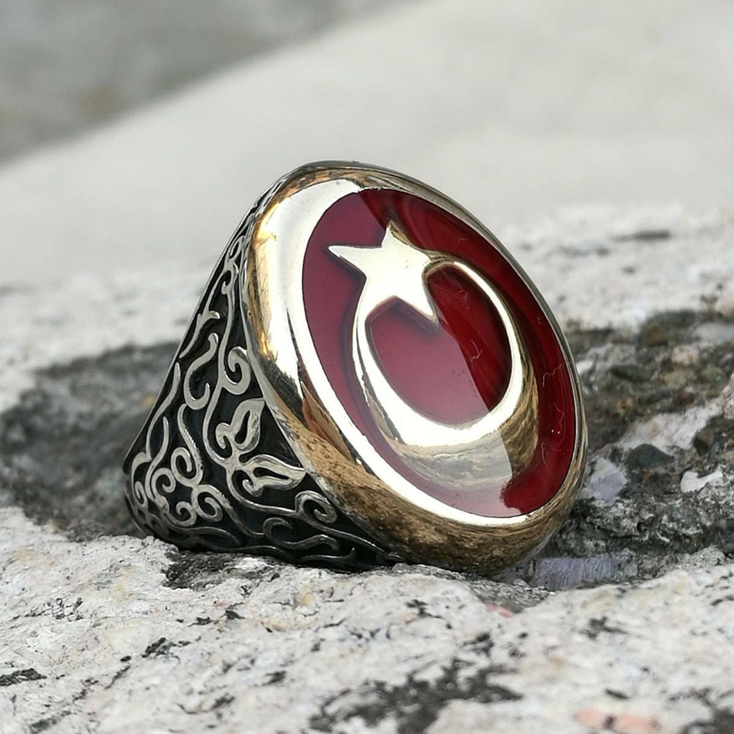 Handmade Turkish Flag Silver Ring - 925 Sterling Silver Symbolic Ring - Mens stamp ring - Turkish Jewelry - Malcolm X Ring