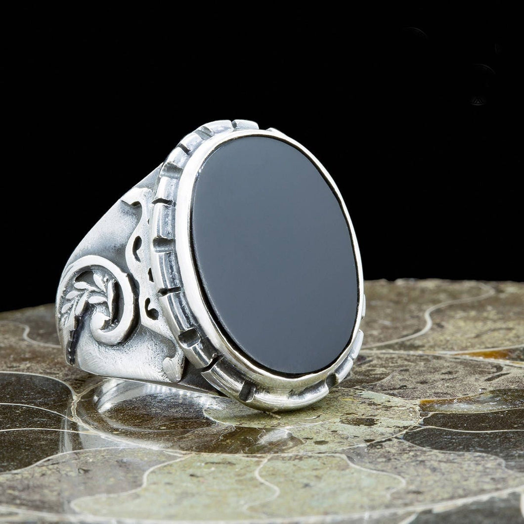 Handmade Black Agate Stoned Ring, Sterling Silver Mens Ring, Mens Agate Stone Ring, Signet Ring, Husband Gift