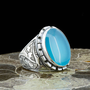 Handmade Blue Agate Stoned Ring, Sterling Silver Mens Ring, Mens Agate Stone Ring, Signet Ring, Husband Gift 002