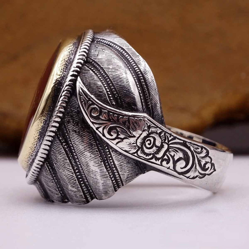 Ottomaanse halve maan en ring met 8 randen, 925 sterling zilveren herenring, heren Ottomaanse ring, zegelring, Sultans-collectie