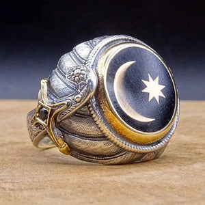 Anillo de media luna otomana y bandera de 8 bordes, anillo de plata de ley 925 para hombre, anillo de otomano para hombre, anillo de sello, colección Sultans