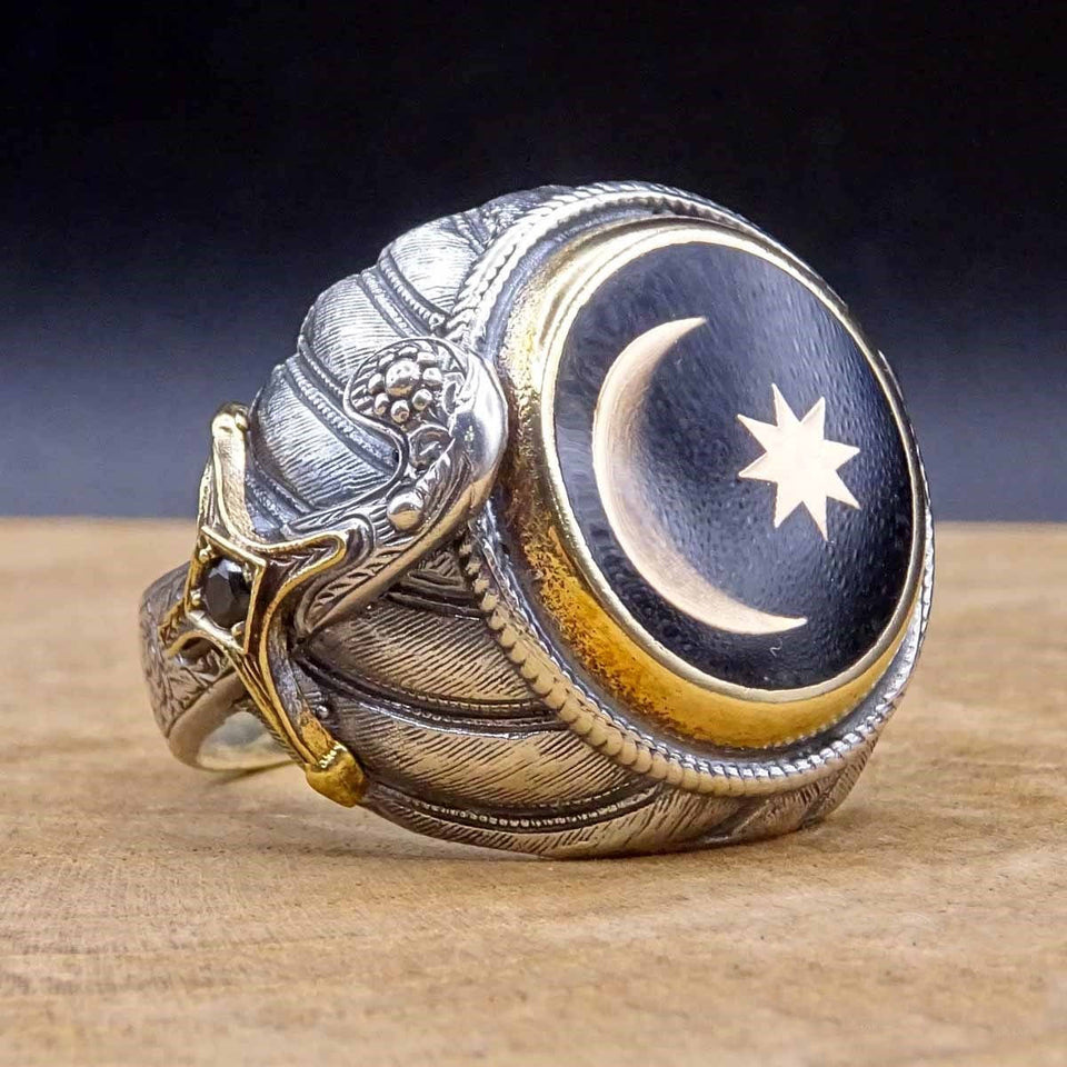 Ottomaanse halve maan en ring met 8 randen, 925 sterling zilveren herenring, heren Ottomaanse ring, zegelring, Sultans-collectie