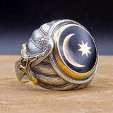 Osmannisk halvmåne og 8 kantet flagring, 925 sterling sølv herrering, mænds osmanniske ring, signetring, Sultans samling