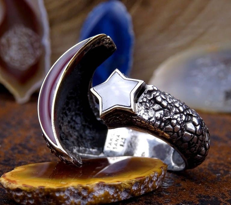 Halve maan ring, halve maan ring, Turkse vlag ring, 925 sterling zilveren heren ring, sultans collectie, beschrijfbare ring, vlaggen ringen