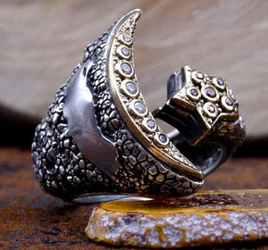 Prsten sa zvijezdom polumjeseca s kamenjem, Prsten s polumjesecom, Prsten sa turskom zastavom, muški prsten od srebra 925, Kolekcija sultana, Prsten s upisom,