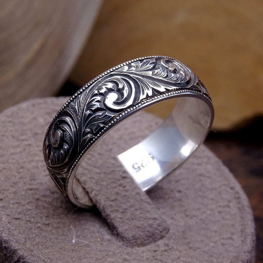 Handmade Original Pen Work Silver Ring, Plain Wedding Ring, wedding ring dish for him - 7th silver anniversary - wedding gift - ring bearer