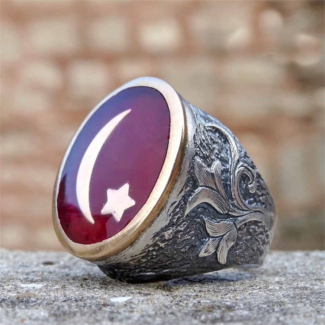 Ottoman Crescent Ring for Men, Islamic Silver Ring / Ottoman Flag Ring / Stackable Rings