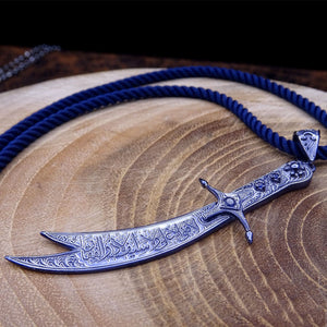 Handmade 925 Sterling Silver Zulfiqar Necklace, Dark Blue Silver Necklace