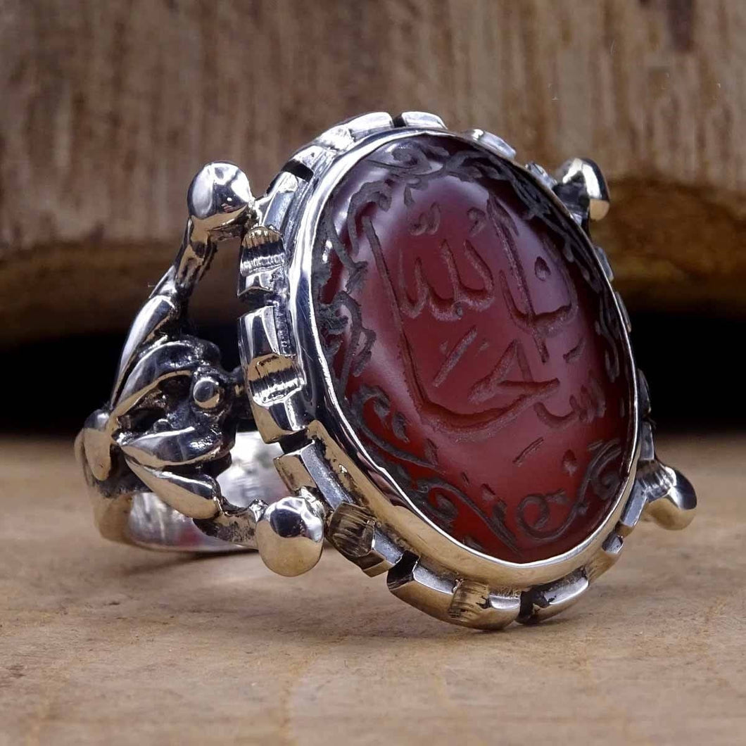 Handmade Custom Agate Stone Ring, Subhanallah written Silver Ring, 925 Sterling Silver Ring, Great Craftsmanship, Mens Medieval Ring
