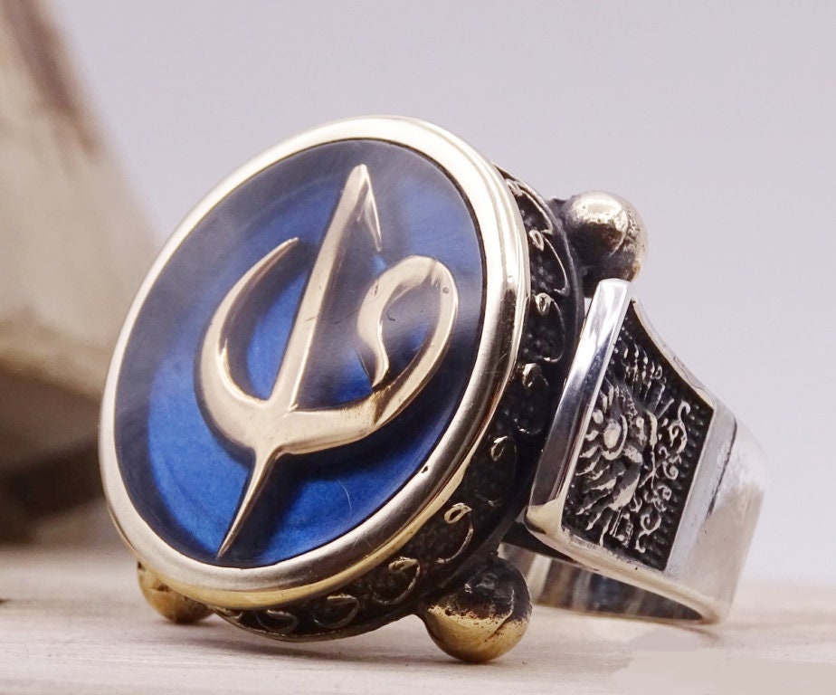 Elif Vav geschreven ring, aangepaste ring, 925 sterling zilveren heren ring, heren islamitische ring, statement ring, blauwe ring, moslim ring,