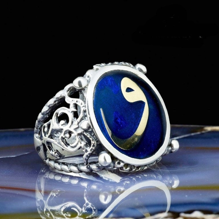 Unaza argjendi blu me shkronjën "Vav", Unaza e Argjendtë Blu, Unaza e Argjendtë Sterling, Unaza e pullave të mashkullit, alfabeti arab,