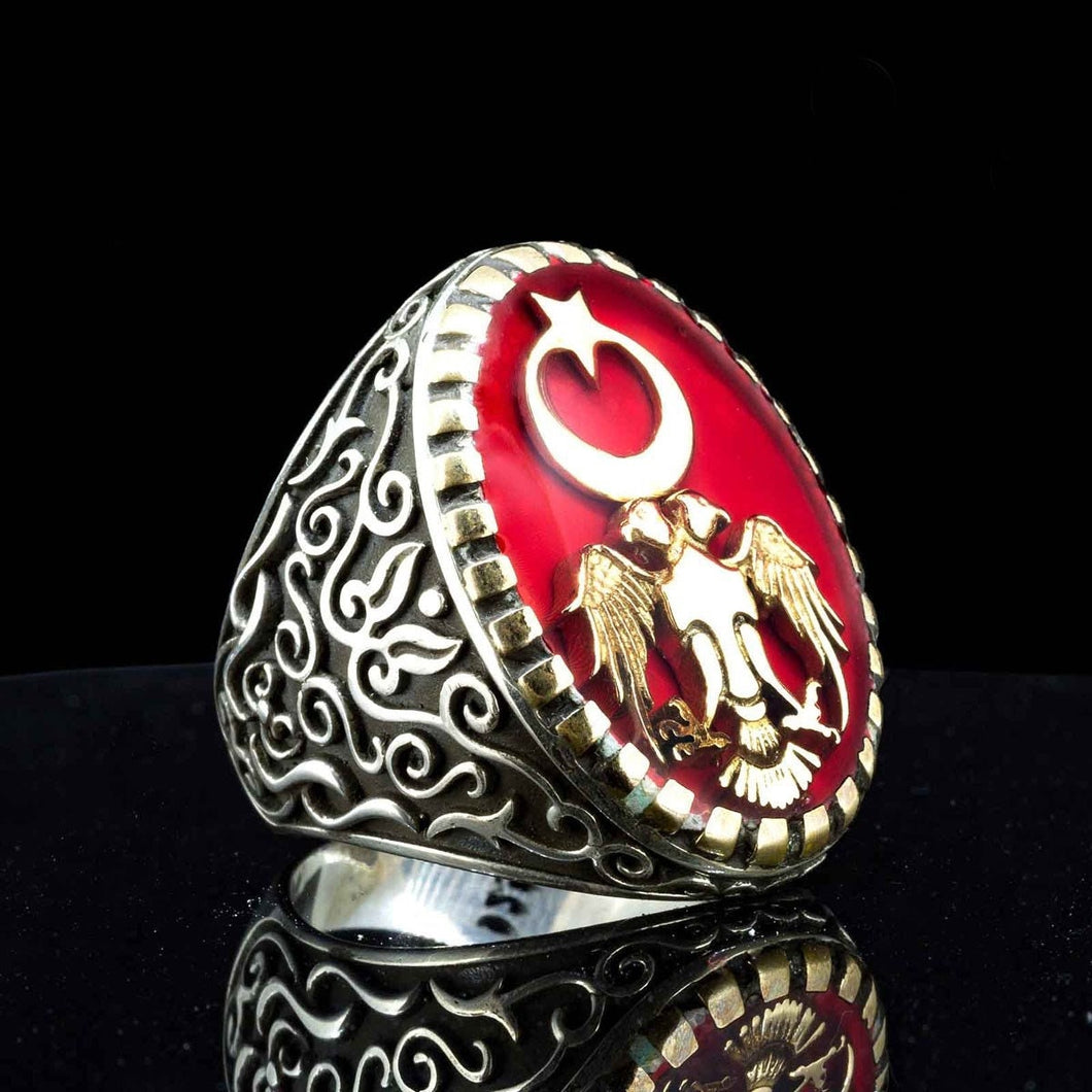 Handmade Turkish Flag Silver Ring - 925 Sterling Silver Symbolic Ring - Mens stamp ring - Turkish Jewelry - Seljuks Eagle Ring