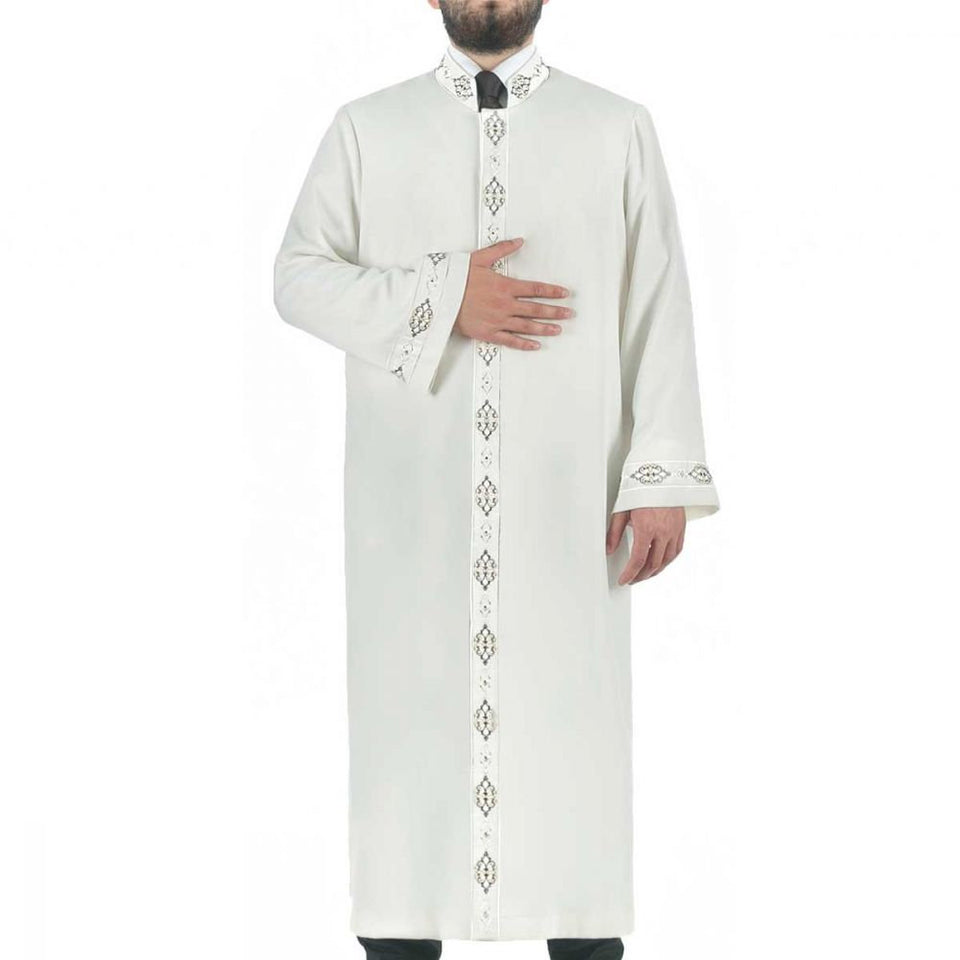 Light Cream Muslim Long Kurta SM، L، XL Islamic Mens Wear، Bordured Thobe، Galabiyya، Jubbah، New Season - islamicbazaar