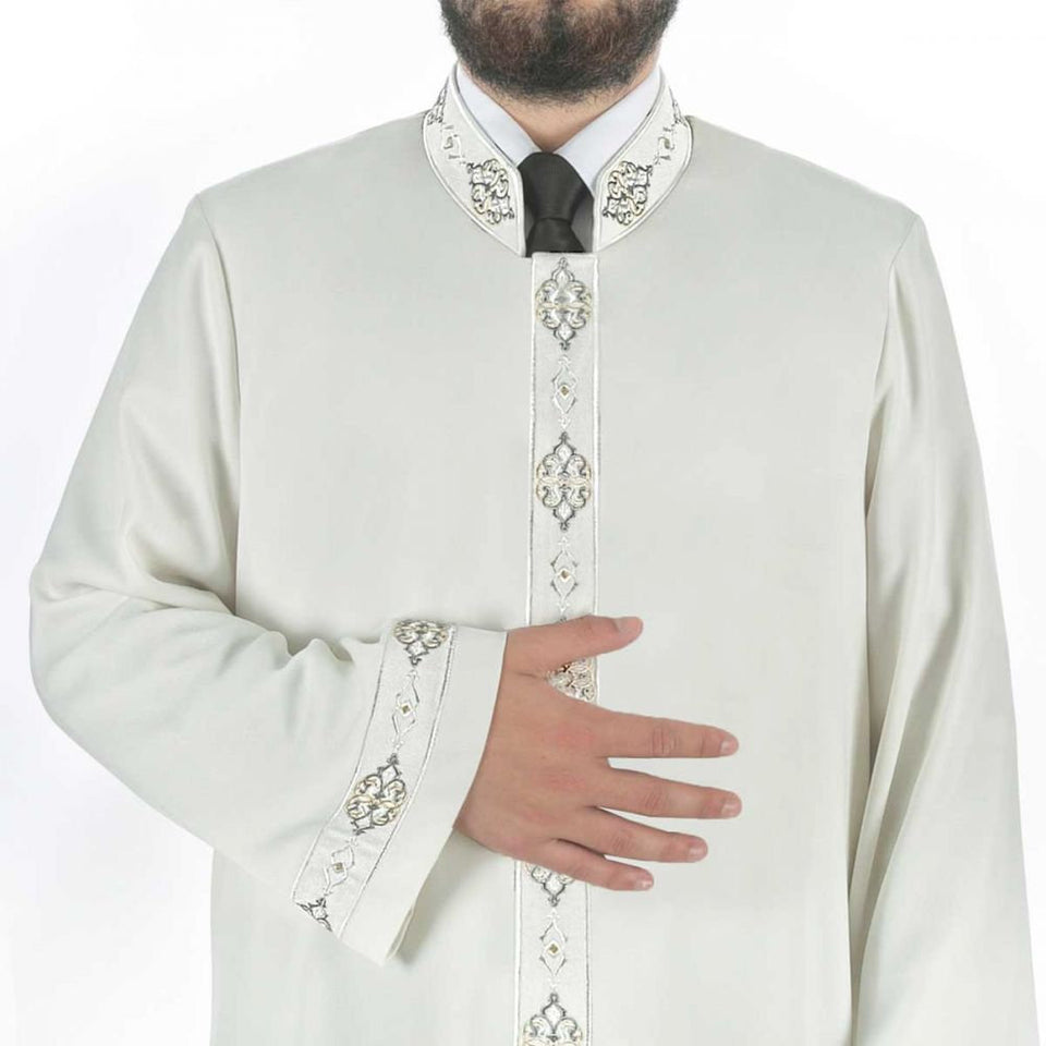 Light Cream Muslim Long Kurta SM، L، XL Islamic Mens Wear، Bordured Thobe، Galabiyya، Jubbah، New Season - islamicbazaar