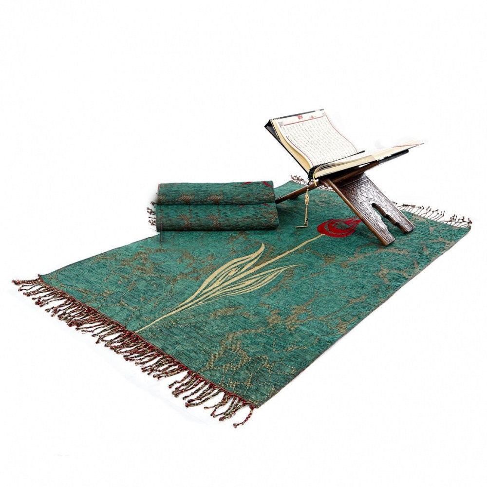 Green Taffeta Islamic Prayer Rug, Tulip Motiff Janamaz Musallah Sesallah Sejadah Carpet Muslim Seccade Islam Sajadah