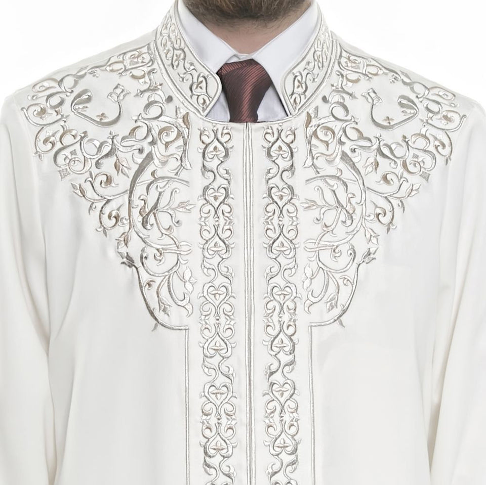 Silver Architect Sinan XS, S, M, L, XL  Embroidered Cream Jubbah, Islamic Mens Wear, Bordured Thobe, Galabiyya, Long Kurta, Cubbe - islamicbazaar