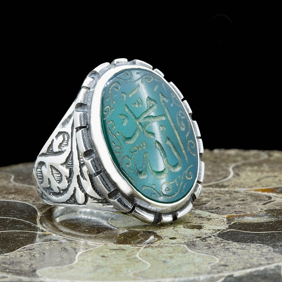 Allah Muhammed écrit Bague Aqeeq Bague en argent sterling
