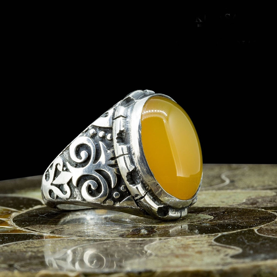 Handmade Yellow Agate Stoned Ring / Aqeeq Ring / Sterling Silver Ring / Mens Stacking ring / Oval Cornelian Ring / Silver Ring