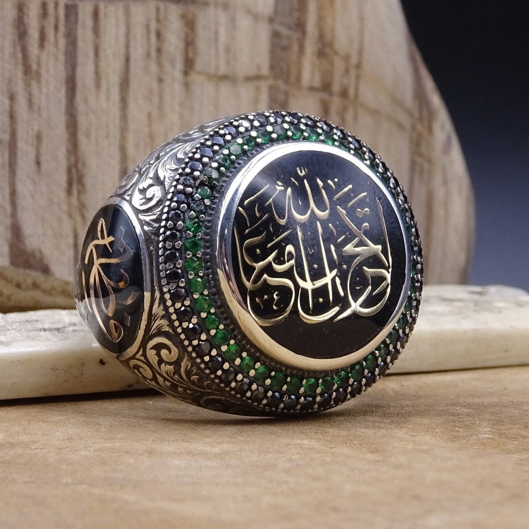 Dont Be Sad Allah with us written Sterling Silver Ring with Green Turquoise stones - Mens Silver ring - Sultanate Collection