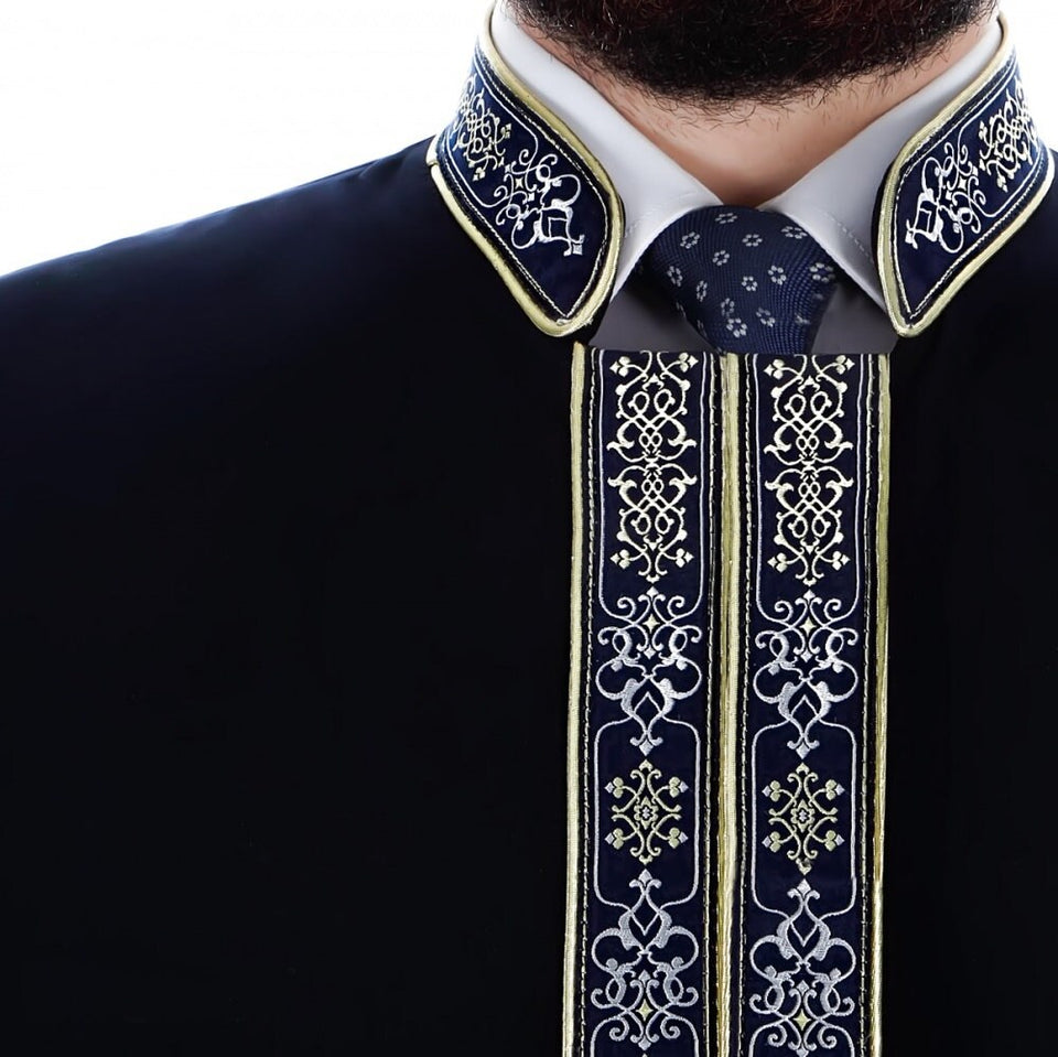 Muntanaa Mens Islamic Wear Navy Blue Thobe with Bordures | Navy blue Long Kurta | Jubbah | Galabiyya | Jubbah | Muslim Long Kurta