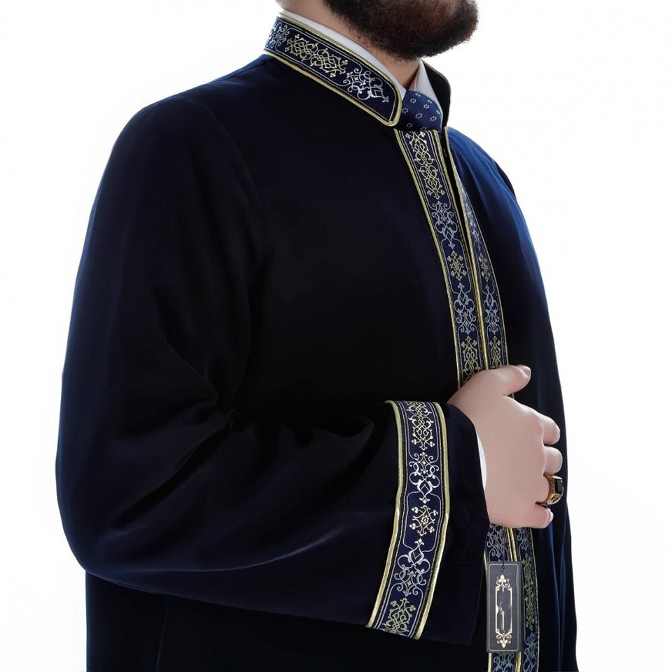 Muntanaa Mens Islamic Wear Navy Blue Thobe with Bordures | Navy blue Long Kurta | Jubbah | Galabiyya | Jubbah | Muslim Long Kurta