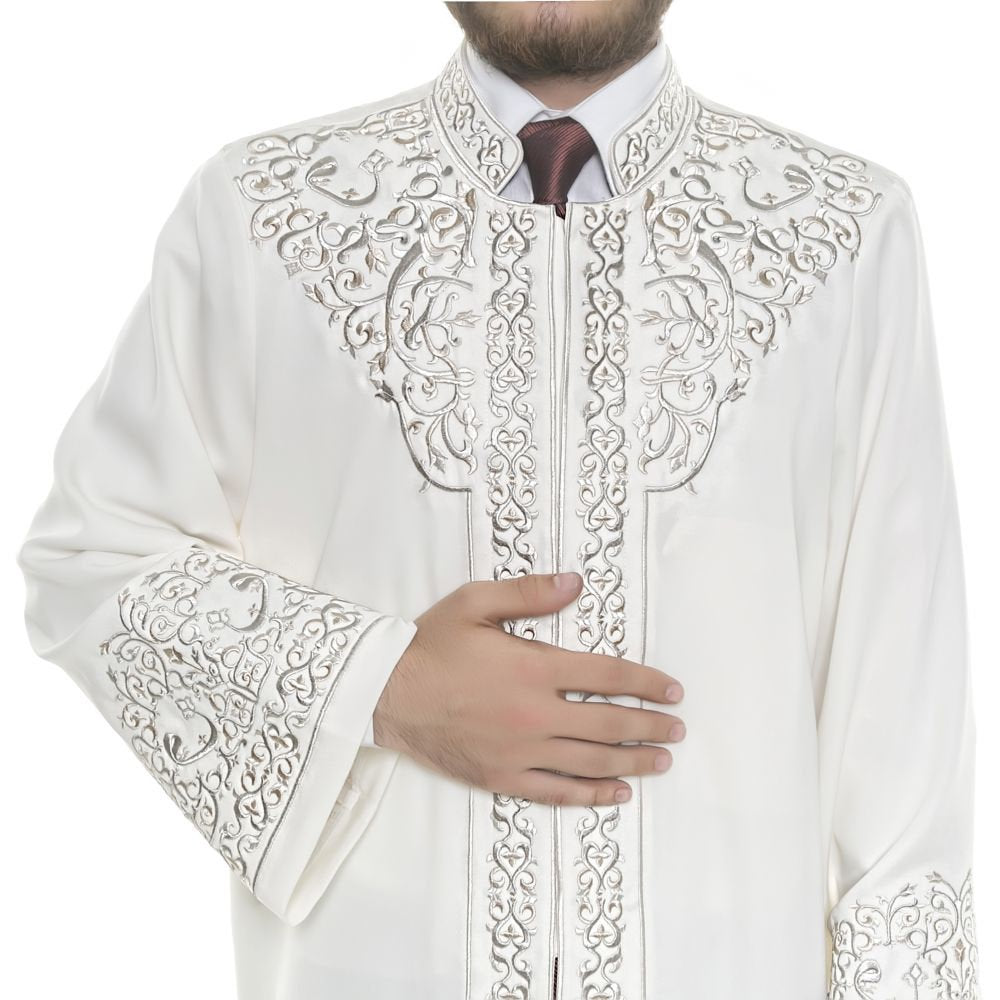 Silver Architect Sinan XS, S, M, L, XL  Embroidered Cream Jubbah, Islamic Mens Wear, Bordured Thobe, Galabiyya, Long Kurta, Cubbe - islamicbazaar