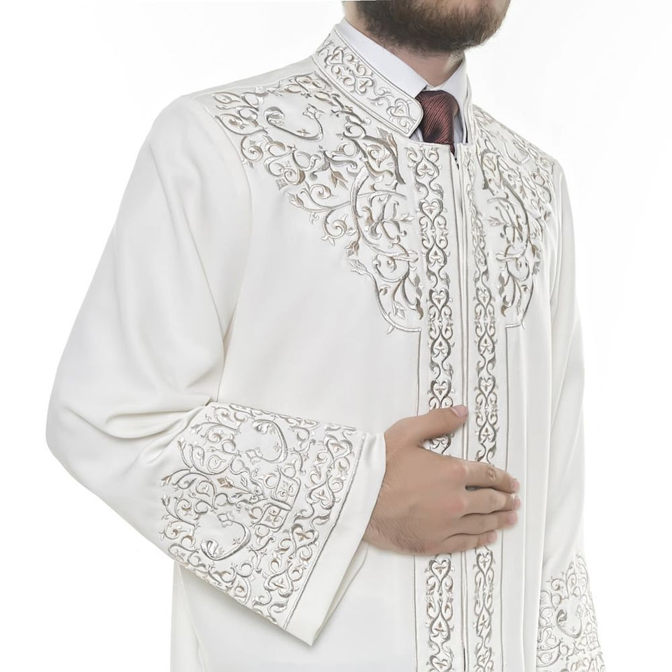 Silver Architect Sinan XS, S, M, L, XL  Embroidered Cream Jubbah, Islamic Mens Wear, Bordured Thobe, Galabiyya, Long Kurta, Cubbe - islamicbazaar