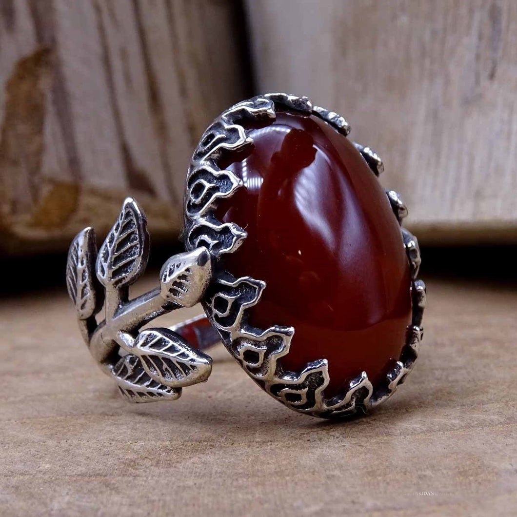 Coffee Brown Agate Sterling Silver Ring / Womens Ring / Ring with Leaves / Gemstone Ring / Gift for Her