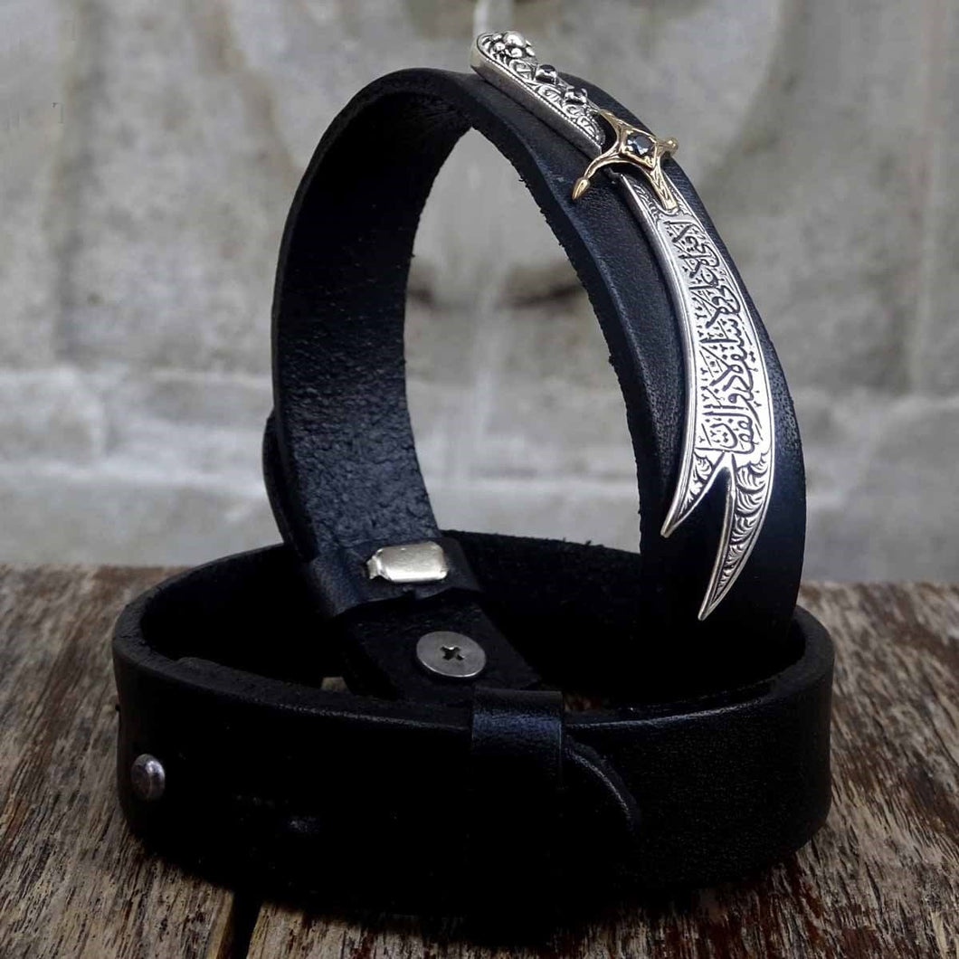 Handmade 925 Sterling Silver Zulfiqar Bracelet, Genuine Leather Mens Bracelet, Ottoman Calligraphy Jewelry
