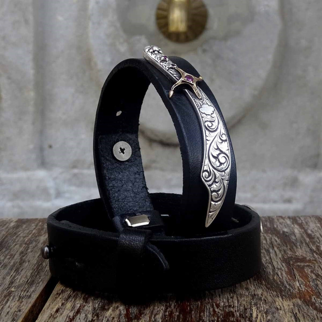 Handmade 925 Sterling Silver Hz. Hamza Sword themed Bracelet, Genuine Leather Mens Bracelet