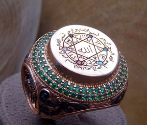 Печат на Сребрен прстен од пророкот Хз, Сулејман, со зелени тиркизни камења - Менс сребрен прстен - колекција на султанат - колекција на Ислам