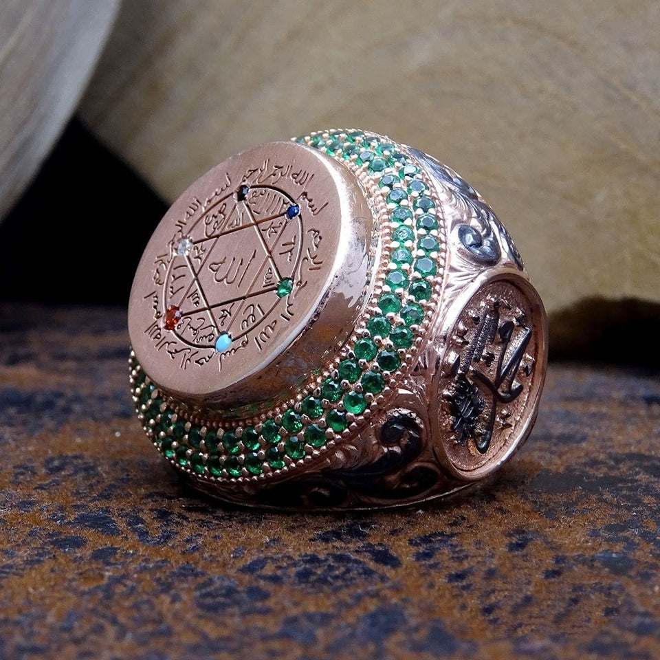 Stamp of the Hz Prophet Suleyman Sterling Silver Ring with Green Turquoise stones - Mens Silver ring - Sultanate Collection - islamicbazaar