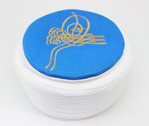 Handmade White & Blue Sarik, Takke, Islam Prayer Hat with embroidered Tugra Blue Kofi, Kufi Cap, صلاة, Muslim Men's Hat Cap, imamah