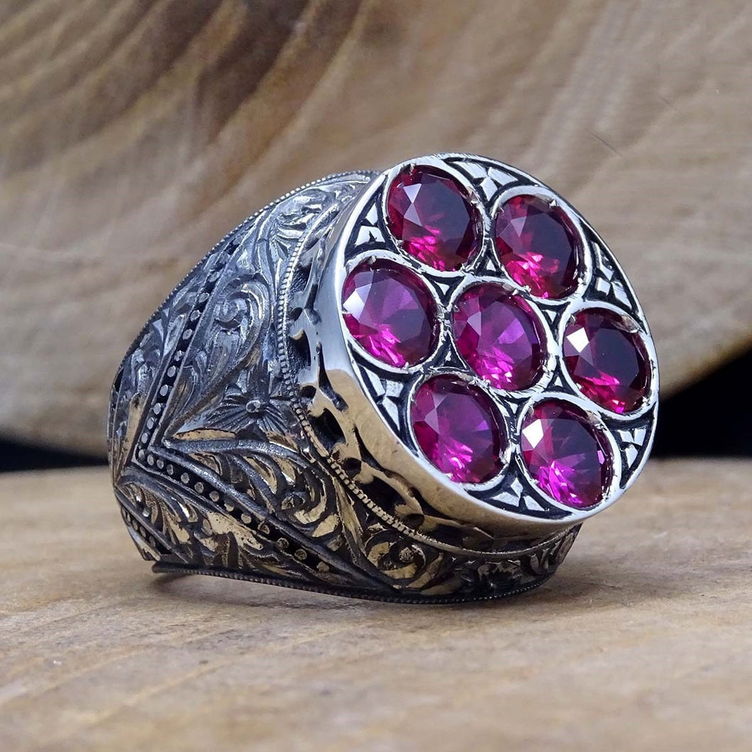 Penwork Art Sterling Silver Ring with Pink Semi Precious stones - Mens Silver ring - Faced Cut Round Mens Ring - Anniversary Gift