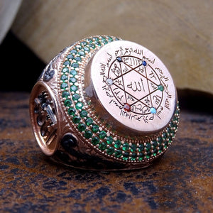 Sello del anillo de plata esterlina Hz Profeta Suleyman Hz con piedras de color turquesa verde - Anillo de plata para hombre - Colección Sultanato - islamicbazaar