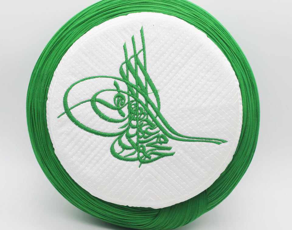 Handmade White & Green Sarik, Takke, Islam Prayer Hat with embroidered Tugra White Kofi, Kufi Cap, صلاة, Muslim Men's Hat Cap, imamah