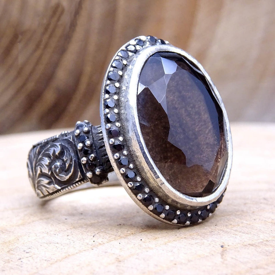 Smoky Stone Sterling Azoben Zoben / Na Hannun Mata na Zoben ringi / Alamar sa hannu / Zoben zobe / Kyauta don Zobinta / Zoben Yanke