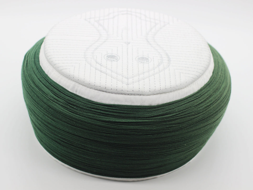 Handmade White & Dark Green Sarik, Takke, Islam Prayer Hat with The Nalayn White Kofi, Kufi Cap, صلاة, Muslim Men's Hat Cap, Skul cap