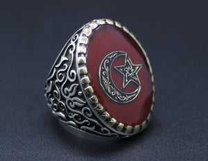 Handgemaakte Turkse vlag zilveren ring - 925 sterling zilveren symbolische ring - heren stempel ring - Turkse sieraden - Malcolm X ring 002