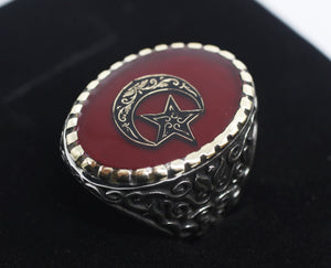 Handgemaakte Turkse vlag zilveren ring - 925 sterling zilveren symbolische ring - heren stempel ring - Turkse sieraden - Malcolm X ring 002
