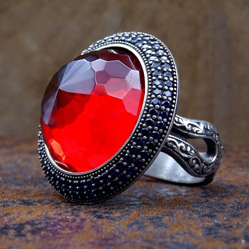 हस्तनिर्मित 925 स्टर्लिंग चांदी की अंगूठी / महिलाओं के लिए लाल अंगूठी / Faceted कट अर्द्ध कीमती पत्थर की अंगूठी / उसके / महिला अंगूठी के लिए उपहार