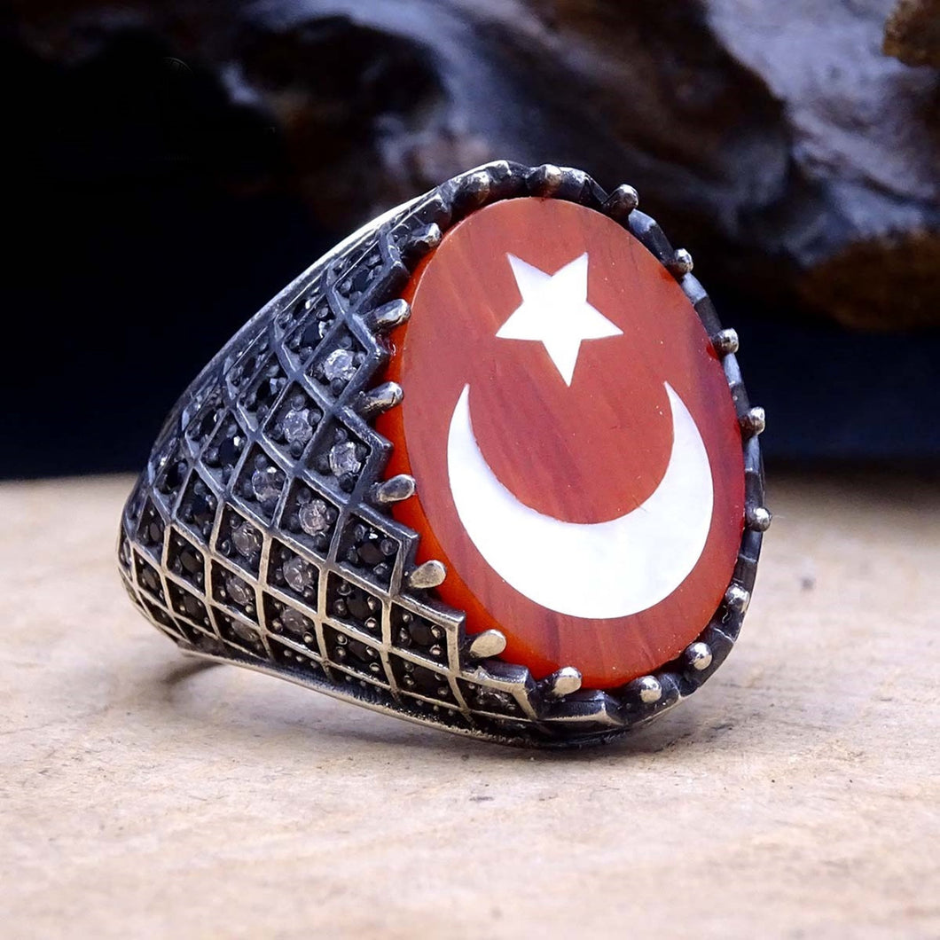 Handmade Mother of Pearl Inlay Ring, Turkish Flag Amber Ring / Sterling Silver Ring / Gift for Him / Personalized Jewelry