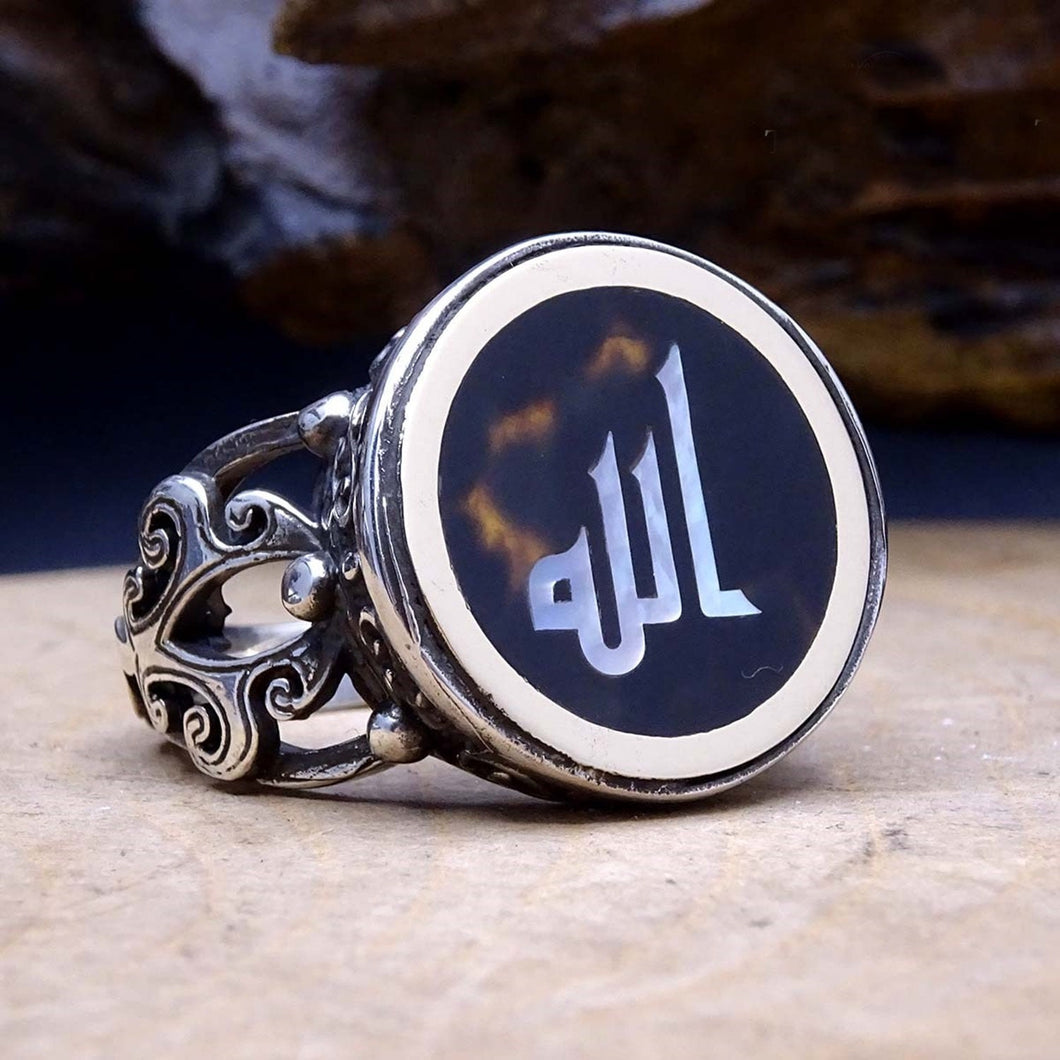 Handmade Mother of Pearl Inlay Ring, Allah Engraved Jewelry / Ottoman Art Silver Ring / Sterling Silver Ring / Personalized Jewelry