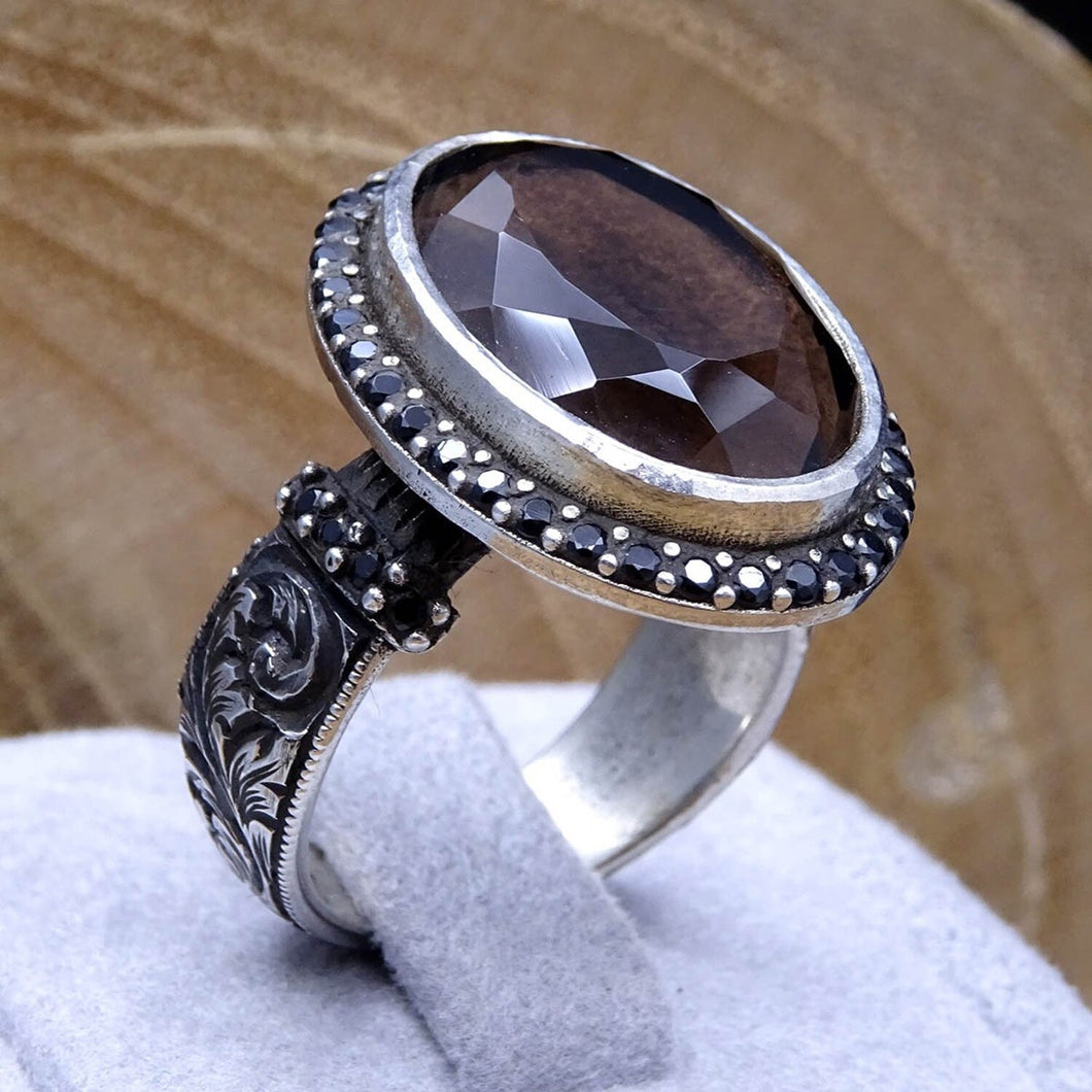 Smoky Stone Sterling Silver Ring / Handmade Womens Ring / Signet Ring / Gemstone Ring / Gift for Her / Diamond Cut Ring